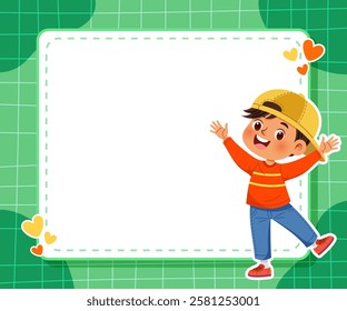 Cute little boy waving enthusiastically on the side of white frame with green background. Vector illustration