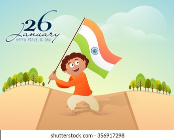 Cute little boy waving Indian National Flag on nature background for Happy Republic Day celebration.