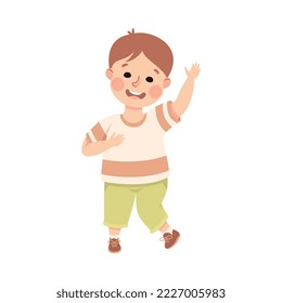 Cute Little Boy Waving Raised Hand Greeting Vector Illustration