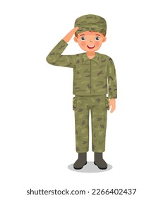 cute little boy wear camouflage soldier combat uniform saluting