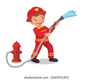 cute little boy wear firefighter uniform holding fire hose flowing water from fire hydrant