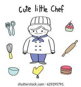 Cute little boy wearing chef's uniform with set of kitchen utensil such as whisk, mixing bowl, rolling pin, fork, spoon, oven mitt and cupcake. Vector illustration with hand-drawn style.