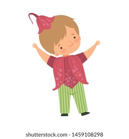 Cute Little Boy Wearing Dark Pink Flower Costume and Cap, Adorable Kid in Carnival Clothes Vector Illustration