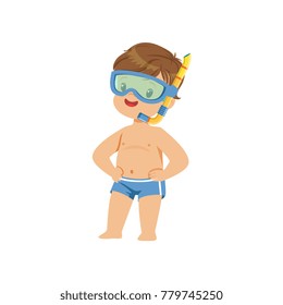 Cute little boy wearing diving mask with snorkel, kid playing at the beach, happy infants outdoor activity on summer vacations vector Illustration