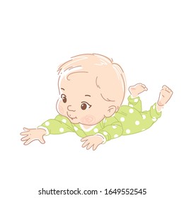 Cute little boy wearing green polka dot overalls, pajamas reach out for object with hand. Baby of 6-12 months health and development.  Kid isolated on white background. Color vector illustration set.