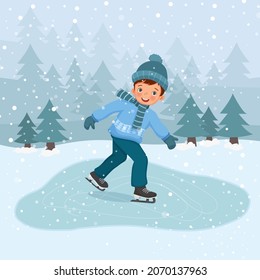 Cute little boy wearing knitted hat, scarf and warm winter clothes playing ice skating outdoor on frozen pool in the snowy landscape background.