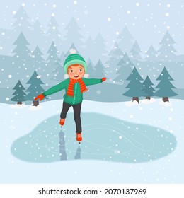 Cute little boy wearing knitted hat, scarf and warm winter clothes playing ice skating outdoor on frozen pool in the snowy landscape background.