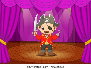 cute little boy wearing pirate costume on stage