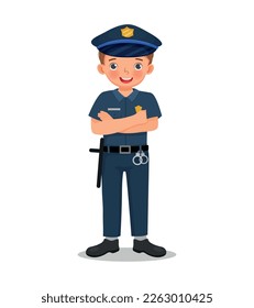 Cute little boy wearing police uniform pretending to be police officer