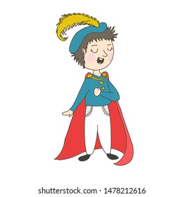 Cute little boy wearing prince constume is reading a poem. Hand drawn vector EPS 10 illustration.