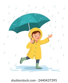 Cute little boy wearing raincoat holding umbrella playing in the rain