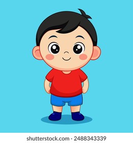 un niño lindo que usa camiseta roja y pantalones cortos azules, una ilustración de niño lindo, una ilustración de niño