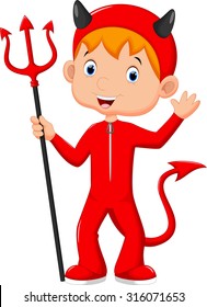 Cute Little Boy Wearing A Red Devil Costume