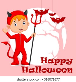 Cute little boy wearing a red devil costume