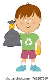 Cute little boy wearing rubber gloves with trash bag. Cleaning concept