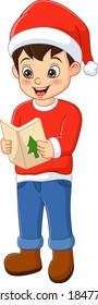 Cute little boy wearing santa clothes singing christmas carol