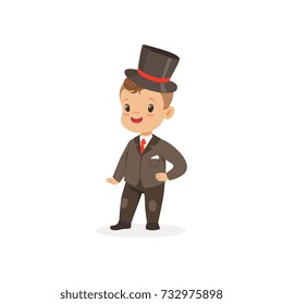 Cute little boy wearing suit and black top hat, young gentleman dressed up in classic retro style vector Illustration