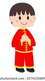 Cute Little Boy Wearing Traditional Chinese Clothes In Greeting Pose, Vector Illustration. Chinese Lunar New Year.