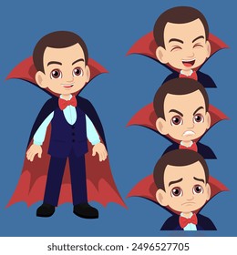 A cute little boy wearing vampire Dracula costume celebrate Halloween party with set of facial expression