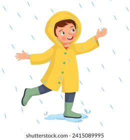 Cute little boy wears raincoat playing in the rain