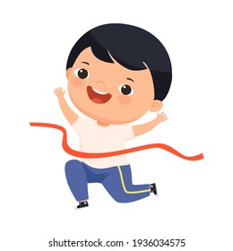 Cute Little Boy Gewinner Breaking the Tape in Running Marathon Vektorgrafik Illustration