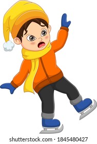 Cute little boy in winter clothes fell ice skating