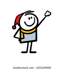 Cute little boy in winter clothes holds out a lump of snow in his hand. Vector illustration of childrens outdoor games.
