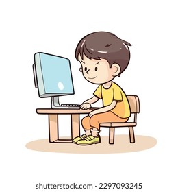 Pequeño niño lindo trabajando y estudiando usando caricatura computarizada de computadora de escritorio ilustración vectorial plana