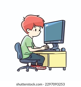 Cute little boy working and studying using computer desktop cartoon flat character vector illustration