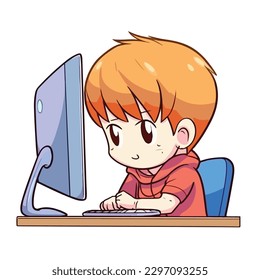 Cute little boy working and studying using computer desktop cartoon flat character vector illustration