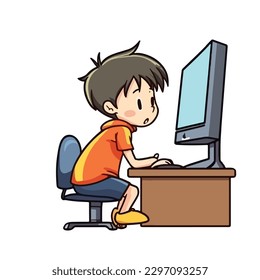 Cute little boy working and studying using computer desktop cartoon flat character vector illustration