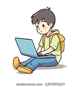 Cute little boy working and studying using laptop cartoon flat character vector illustration