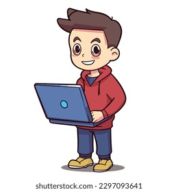 Cute little boy working and studying using laptop cartoon flat character vector illustration