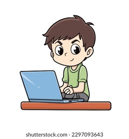 Cute little boy working and studying using laptop cartoon flat character vector illustration