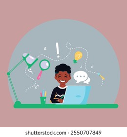Cute little boy working and studying using laptop cartoon flat character vector illustration