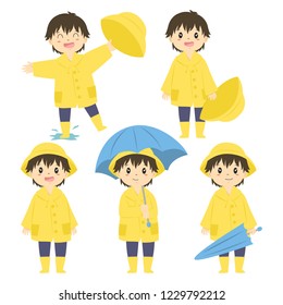 Cute Little Boy In Yellow Raincoat And Holding A Blue Umbrella, Cartoon Vector Set.