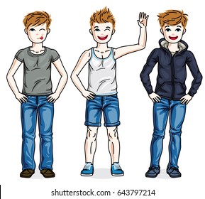 Cute little boys children standing wearing fashionable casual clothes. Vector kids illustrations set.