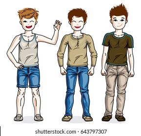 Cute little boys children standing wearing fashionable casual clothes. Vector kids illustrations set. Childhood and family lifestyle clip art.