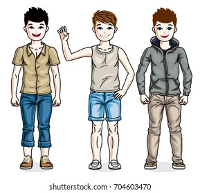 Cute little boys children standing wearing different casual clothes. Vector kids illustrations set.