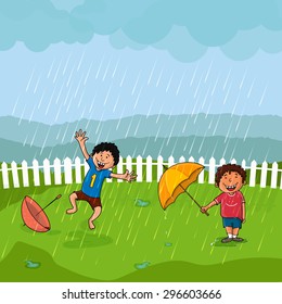 Cute little boys dancing and enjoying in rains on nature background, Beautiful illustration for Monsoon Season concept.