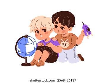 Cute little boys, friends play games together. Happy children have fun with toy rocket, globe. Funny kids communicate at leisure. Friendship. Flat isolated vector illustration on white background