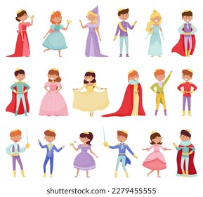 Cute Little Boys and Girl Prince and Princess in Gown with Crown Big Vector Set