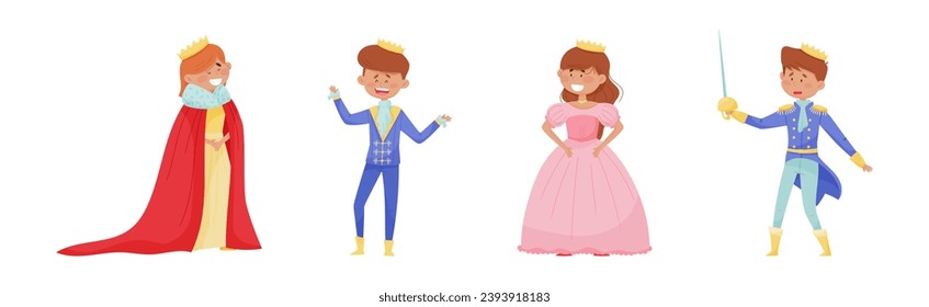 Cute Little Boys and Girl Prince and Princess in Gown with Crown Vector Set