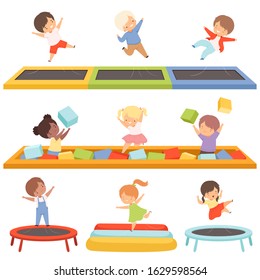 Cute Little Boys and Girls Bouncing on Trampolines and Playing in a Pool with Soft Cubes Collection, Happy Kid Trampolining and Having Fun on Playground, Active Children Leisure Vector Illustration
