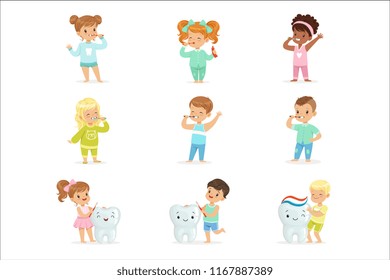 Cute little boys and girls brushing teeth. Colorful cartoon characters