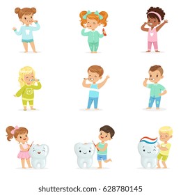 Cute little boys and girls brushing teeth. Colorful cartoon characters