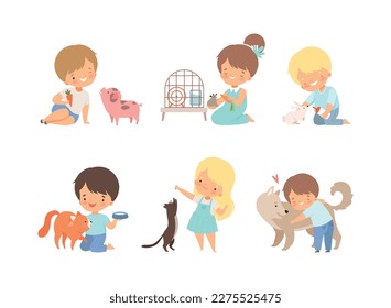 Cute little boys and girls caring of animals set. Kids feeding and hugging piglet, rat, rabbit, kitten and puppy cartoon vector illustration