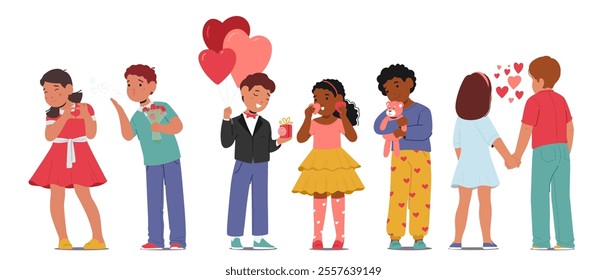 Cute little boys and girls children cartoon valentine day characters feeling love expressing flushed and shy emotion isolated set on white background. Romantic happy kids vector illustration