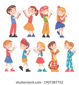 Cute Little Boys and Girls Clapping their Hands Set, Happy Kids Expressing Enjoyment, Appreciation, Delight Cartoon Style Vector Illustration