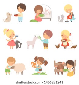 Cute Little Boys and Girls Feeding Animals Set, Adorable Kids Caring for Wild and Domestic Animals Cartoon Vector Illustration